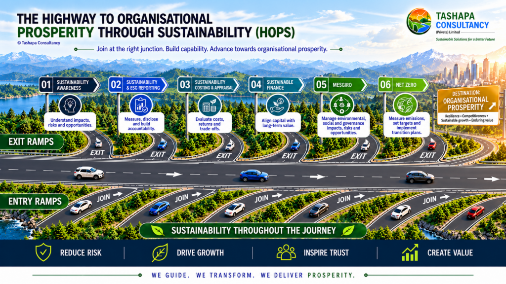 The Highway to Organisational Prosperity Through Sustainability (HOPS) diagram showing six strands from Sustainability Awareness to Net Zero, with organisational prosperity as the destination